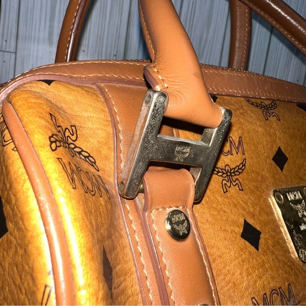 MCM Vintage Cognac Visetos Monogram Boston Satchel Bag with Gold Logo Plate - Picture 12 of 14